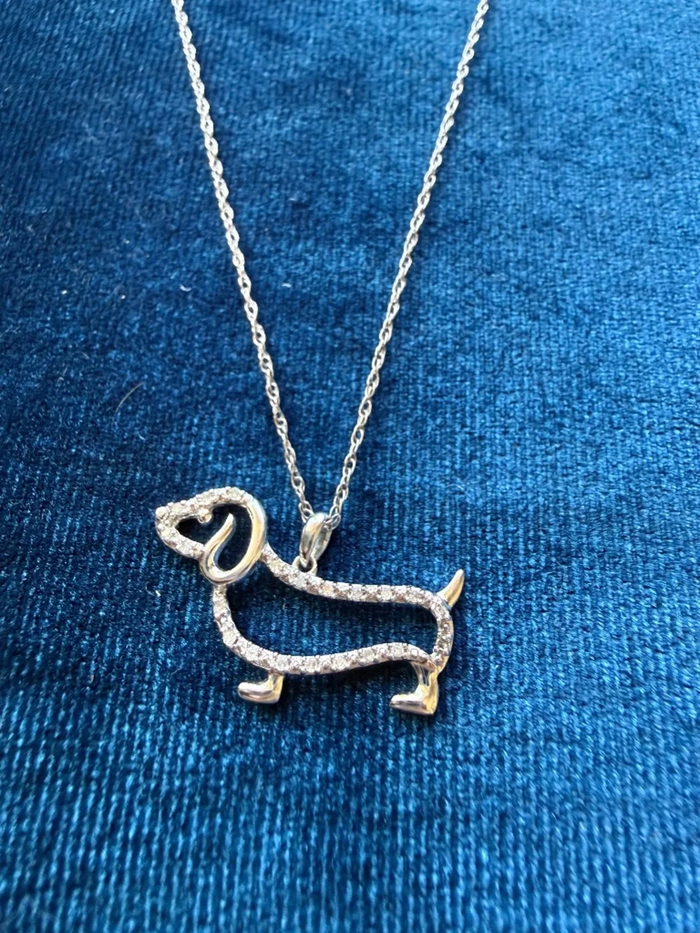 10K White Gold Diamond Dachshund Pendant on 14K White Gold Chain